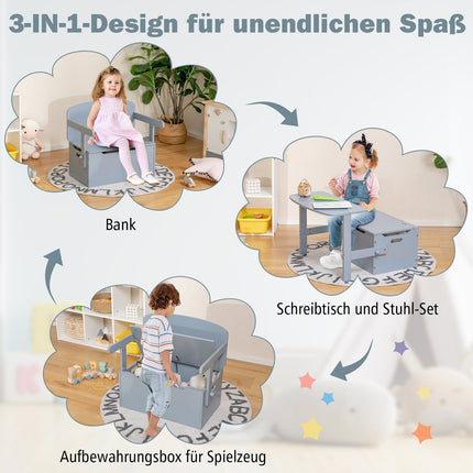 3-in-1 Kindertisch-Set mit Aufbewahrung, Holz, Grau