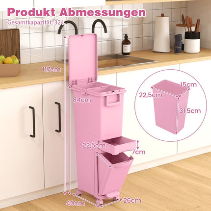 3-in-1 Kitchen Trash Bin, Pink, 2 Compartments, Foot Pedal