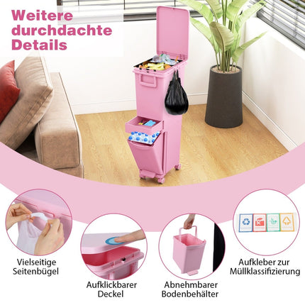 3-in-1 Kitchen Trash Bin, Pink, 2 Compartments, Foot Pedal
