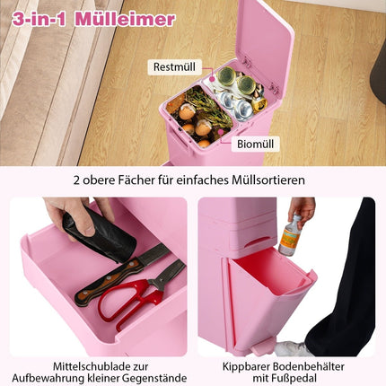 3-in-1 Kitchen Trash Bin, Pink, 2 Compartments, Foot Pedal