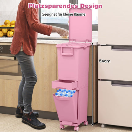 3-in-1 Kitchen Trash Bin, Pink, 2 Compartments, Foot Pedal