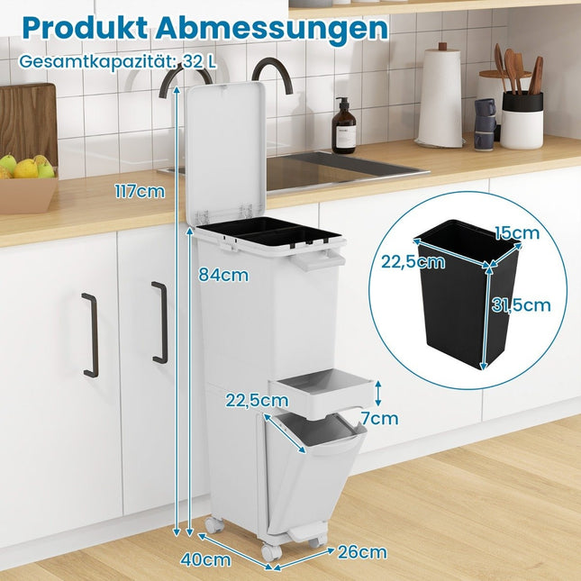 3-in-1 Küchenmülleimer mit Kippfach und Rollen