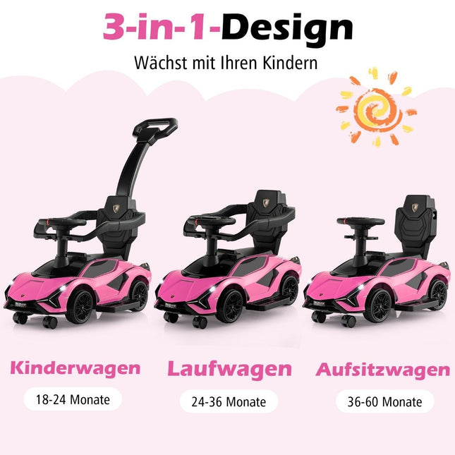 3-in-1 Lamborghini Rutschauto mit Scheinwerfern &amp; Musik &amp; rosa Stauraum