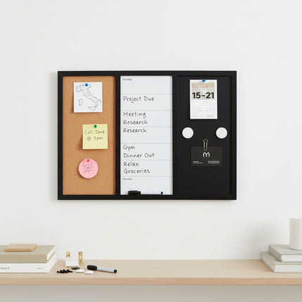 3-in-1 Memoboard mit Zubehör – Whiteboard, Kork, Planer