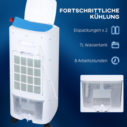 Climatiseur mobile 3 en 1 avec humidification et refroidissement par eau, climatiseur oscillant automatique de 7 L avec minuterie de 7,5 h, refroidisseur d'air à 3 vitesses de 65 W avec télécommande, pour 20 ㎡ Blanc |