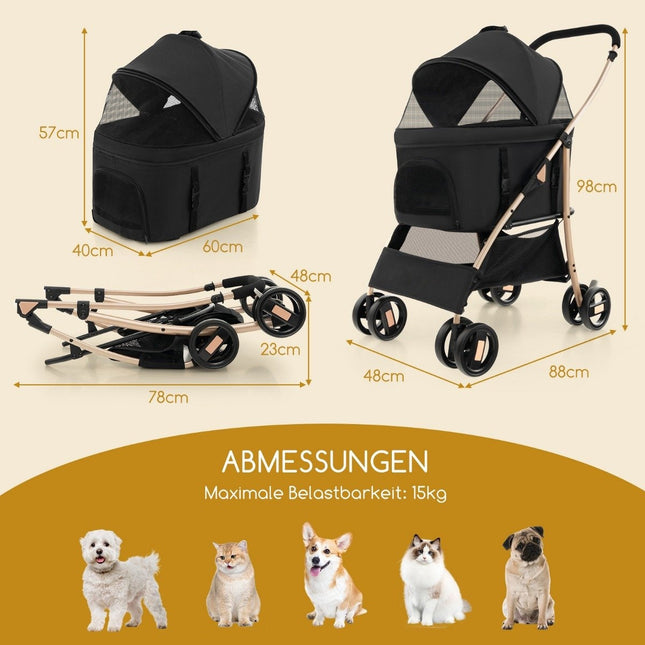 3-in-1-Haustierwagen, faltbar, bis 15 kg, Schwarz