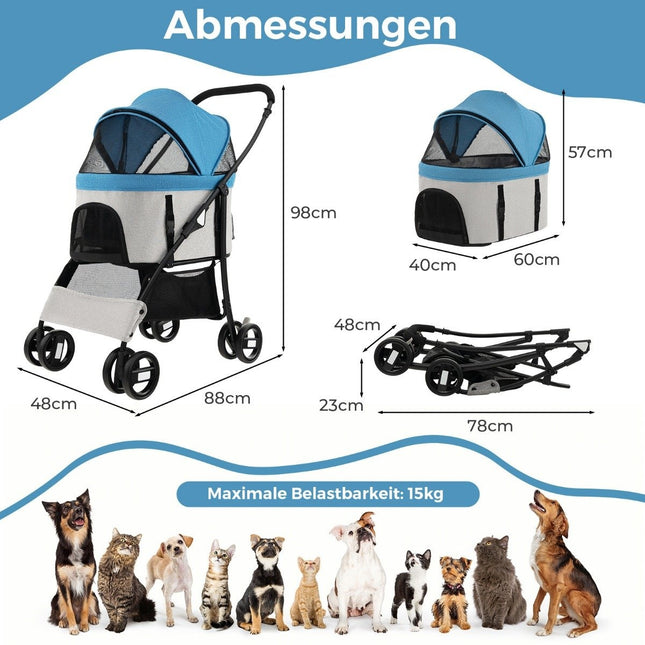 3-in-1-Haustierwagen, faltbar, bis 15kg, blau