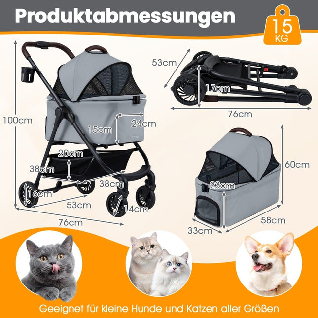 3-in-1-Haustierwagen mit abnehmbarer Transportbox, Grau
