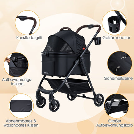 3-in-1-Haustierwagen mit abnehmbarer Transportbox und verstellbarem Verdeck
