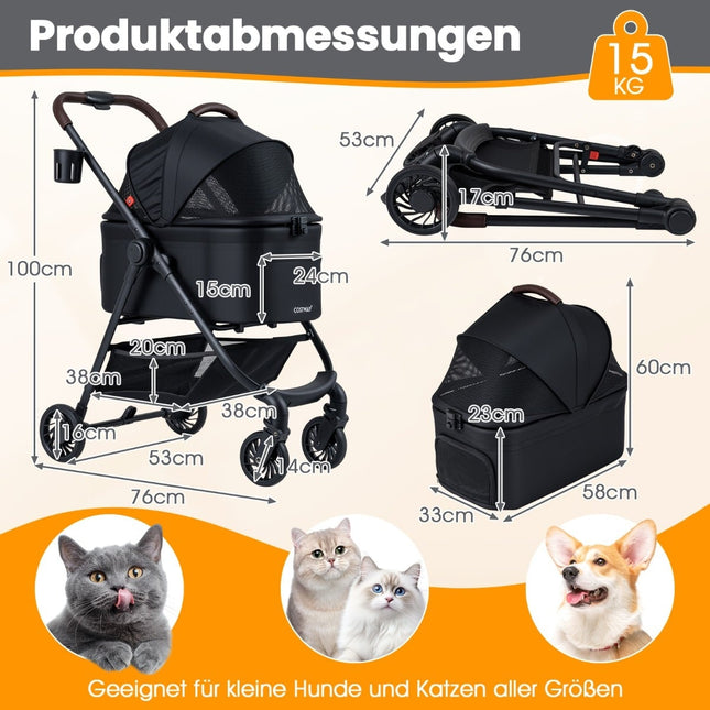 3-in-1-Haustierwagen mit abnehmbarer Transportbox und verstellbarem Verdeck
