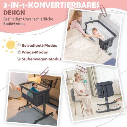 3-in-1 tragbares Babybett mit verstellbarer Höhe und Netzstoff