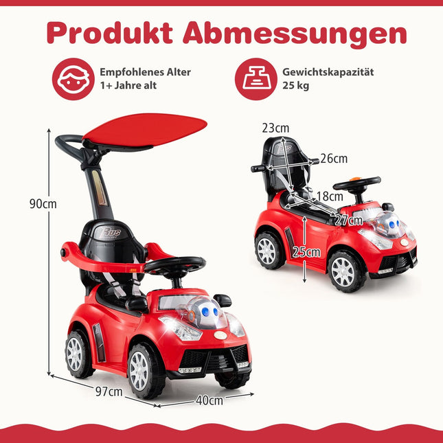 3-in-1 Rutscherauto mit Schiebestange, Stauraum, Rot