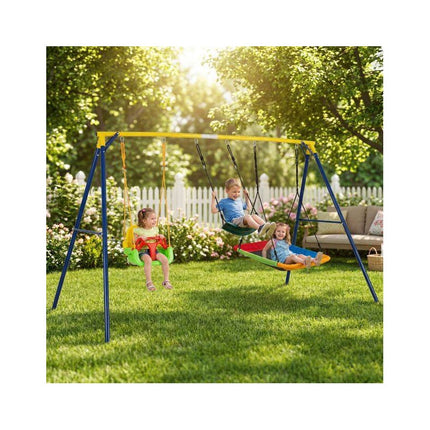 3-in-1 Swing Set with Baby Swing, U-Swing and Nest Swing, Metal A-Frame