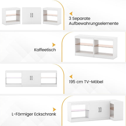 3-in-1 TV-Ständer mit LED, verstellbaren Einlegeböden, max. 85 Zoll