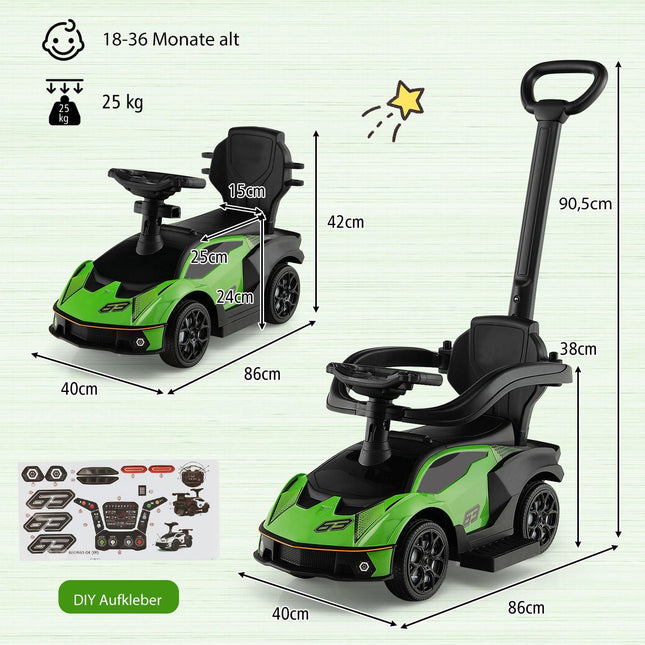 3-in-1 Kleinkind-Rutschauto mit Schubstange, Grün