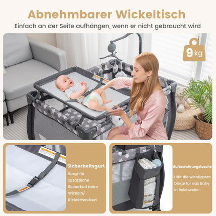 3-in-1 Reisebett mit Bassinet, Wickelauflage, Rädern – Dunkelgrau