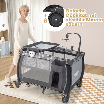 3-in-1 Reisebett mit Bassinet, Wickelauflage, Rädern – Dunkelgrau