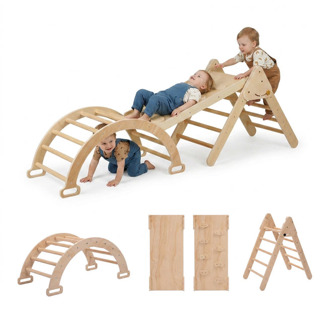 3-in-1 Klettergerüst aus Holz mit Rutsche und Bogen
