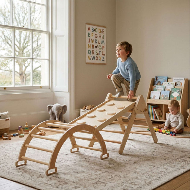 3-in-1 Klettergerüst aus Holz mit Rutsche und Bogen