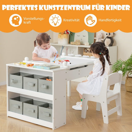 3 in 1 Aktivitätstisch &amp; Staffelei mit hochklappbarer Tischplatte &amp; 6 Stoffbehältern &amp; Papierrolle weiß