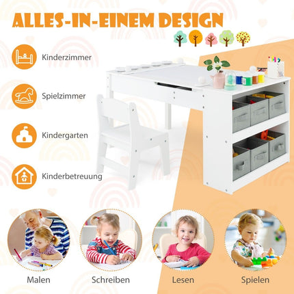3 in 1 Aktivitätstisch &amp; Staffelei mit hochklappbarer Tischplatte &amp; 6 Stoffbehältern &amp; Papierrolle weiß