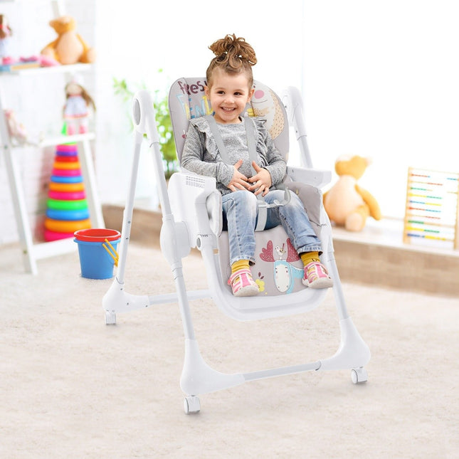 3-in-1 Babyhochstuhl mit 5-fach verstellbarer Fußstütze, 3-fach verstellbarer Rückenlehne &amp; 4 Universalrädern Grau