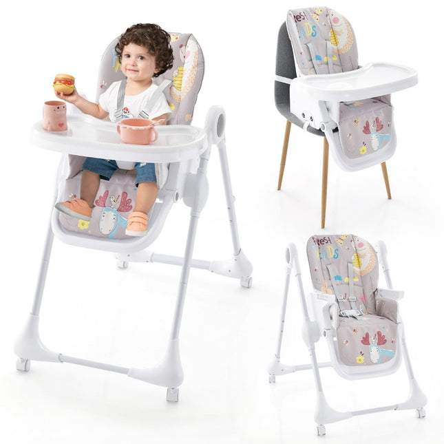 3-in-1 Babyhochstuhl mit 5-fach verstellbarer Fußstütze, 3-fach verstellbarer Rückenlehne &amp; 4 Universalrädern Grau