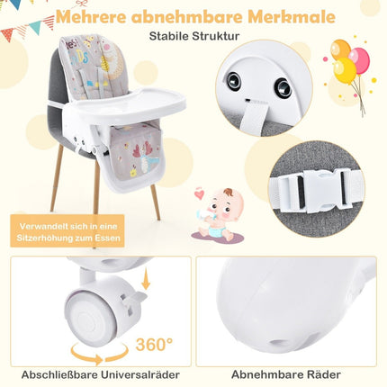 3-in-1 Babyhochstuhl mit 5-fach verstellbarer Fußstütze, 3-fach verstellbarer Rückenlehne &amp; 4 Universalrädern Grau
