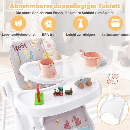3-in-1 Babyhochstuhl mit 5-fach verstellbarer Fußstütze, 3-fach verstellbarer Rückenlehne &amp; 4 Universalrädern Grau