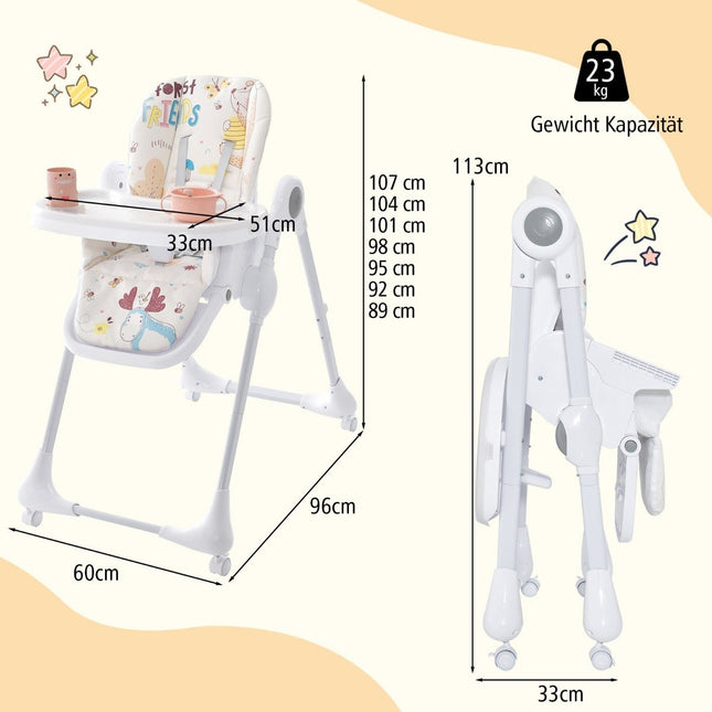 3-in-1 Babyhochstuhl mit 5-fach verstellbarer Fußstütze, 3-fach verstellbarer Rückenlehne &amp; 4 Universalrädern Beige