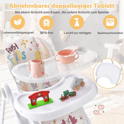 3-in-1 Babyhochstuhl mit 5-fach verstellbarer Fußstütze, 3-fach verstellbarer Rückenlehne &amp; 4 Universalrädern Beige
