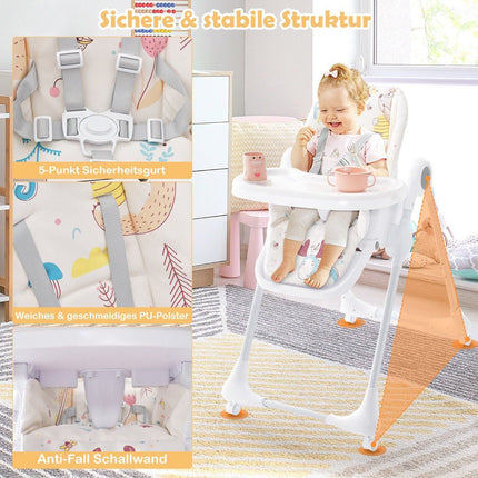 3-in-1 Babyhochstuhl mit 5-fach verstellbarer Fußstütze, 3-fach verstellbarer Rückenlehne &amp; 4 Universalrädern Beige