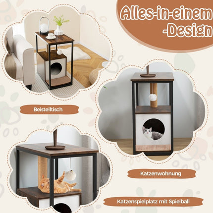 3 in 1 Katzenhaus &amp; Kratzbaum &amp; Beistelltisch Katzenhöhle mit herausnehmbarer Kratzmatte &amp; Ball Braun