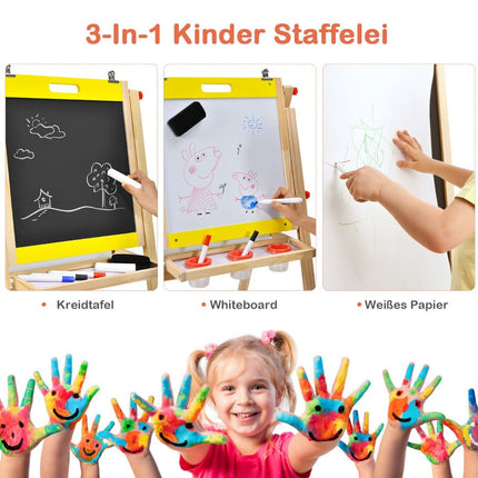 Planche à dessin 3 en 1 pliable et réglable en hauteur pour enfants, dimensions 50,5 x 53,5 x 79-104 cm, couleur naturelle et jaune