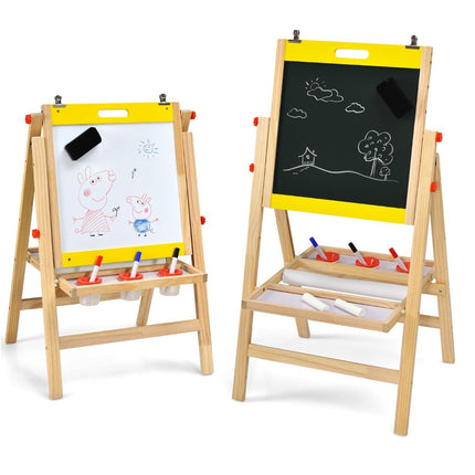 Planche à dessin 3 en 1 pliable et réglable en hauteur pour enfants, dimensions 50,5 x 53,5 x 79-104 cm, couleur naturelle et jaune