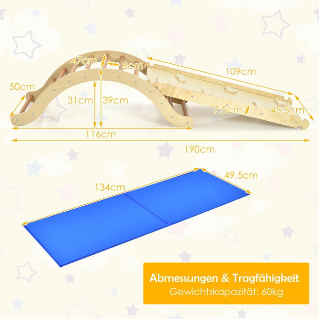 3 in 1 Kinder Kletterleiter Set mit Wenderampe und Kissen zum Klettern und Rutschen Natur + Blau Tragkraft von 60kg