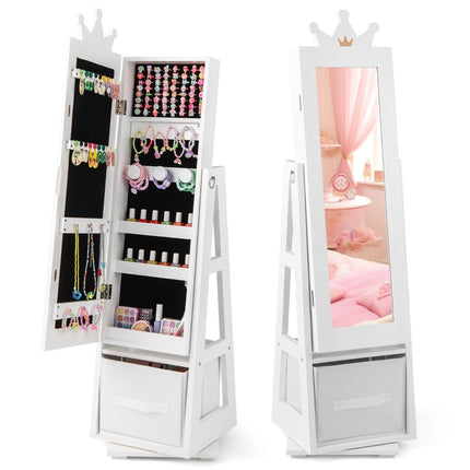 Armoire à bijoux 3 en 1 pour enfants avec miroir pleine longueur et panier de rangement, porte-bijoux blanc