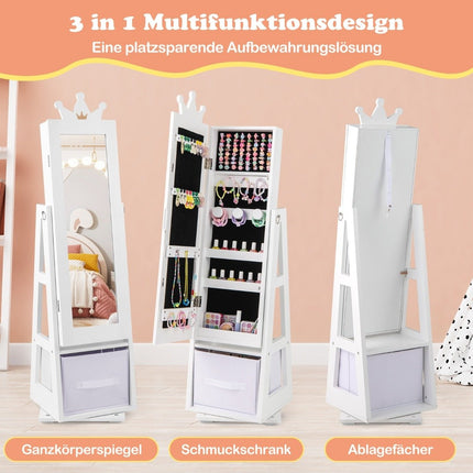 Armoire à bijoux 3 en 1 pour enfants avec miroir pleine longueur et panier de rangement, porte-bijoux blanc