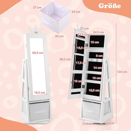 Armoire à bijoux 3 en 1 pour enfants avec miroir pleine longueur et panier de rangement, porte-bijoux blanc