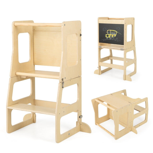 Tour d'apprentissage 3 en 1 pour enfants, tabouret pliant, tableau noir et table pour enfants à partir de 1 an, tour debout naturelle