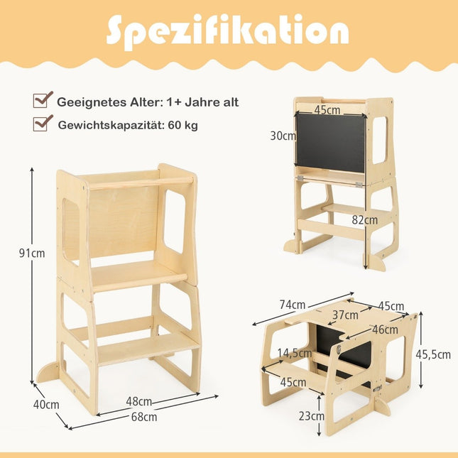 Tour d'apprentissage 3 en 1 pour enfants, tabouret pliant, tableau noir et table pour enfants à partir de 1 an, tour debout naturelle