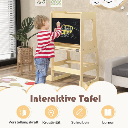 Tour d'apprentissage 3 en 1 pour enfants, tabouret pliant, tableau noir et table pour enfants à partir de 1 an, tour debout naturelle