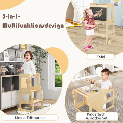 Tour d'apprentissage 3 en 1 pour enfants, tabouret pliant, tableau noir et table pour enfants à partir de 1 an, tour debout naturelle