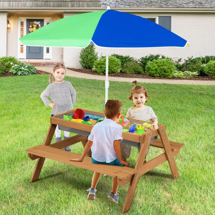 3 in 1 Kinderpicknicktisch mit Sonnenschirm &amp; Bänken &amp; abnehmbarer Tischplatte