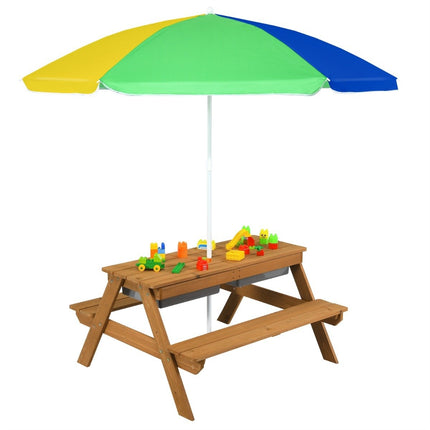 3 in 1 Kinderpicknicktisch mit Sonnenschirm &amp; Bänken &amp; abnehmbarer Tischplatte