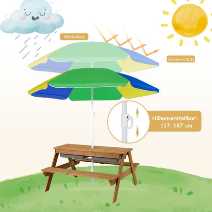 3 in 1 Kinderpicknicktisch mit Sonnenschirm &amp; Bänken &amp; abnehmbarer Tischplatte