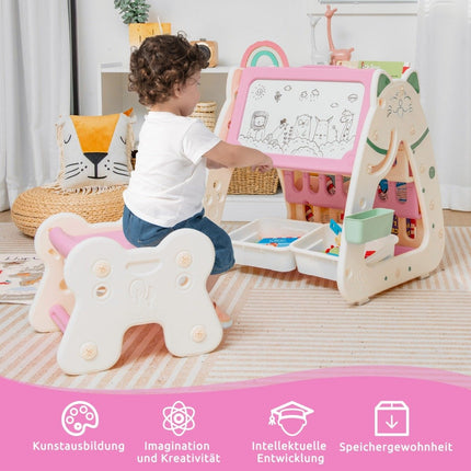 3 in 1 Kindersitzgruppe &amp; Tafel &amp; Bücherregal mit 3 Aufbewahrungsboxen &amp; Hocker rosa