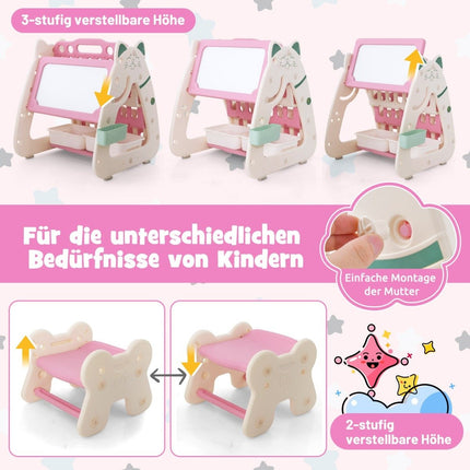 3 in 1 Kindersitzgruppe &amp; Tafel &amp; Bücherregal mit 3 Aufbewahrungsboxen &amp; Hocker rosa