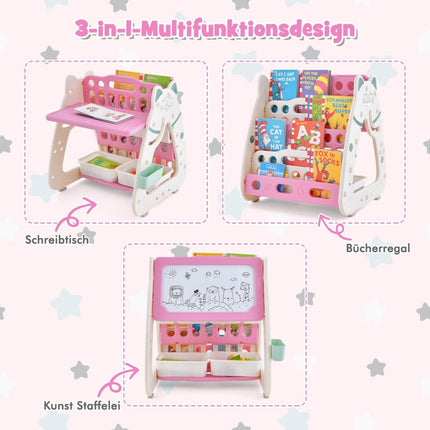 3 in 1 Kindersitzgruppe &amp; Tafel &amp; Bücherregal mit 3 Aufbewahrungsboxen &amp; Hocker rosa