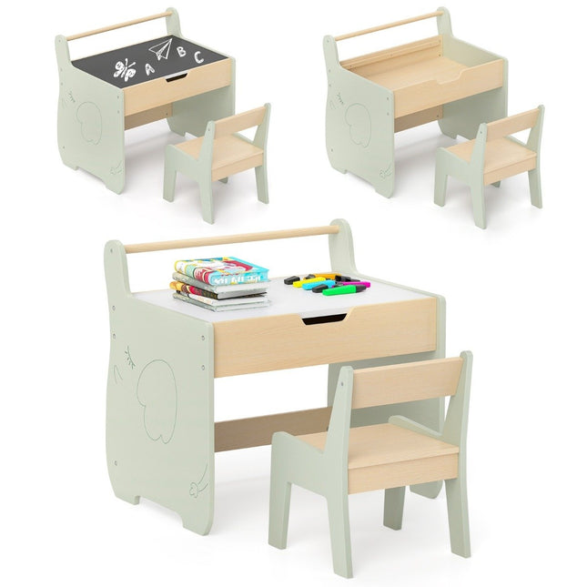 3 in 1 Kindersitzgruppe aus Holz, Kindertisch mit Stuhl, Kindermaltisch mit wendbarer Tischplatte